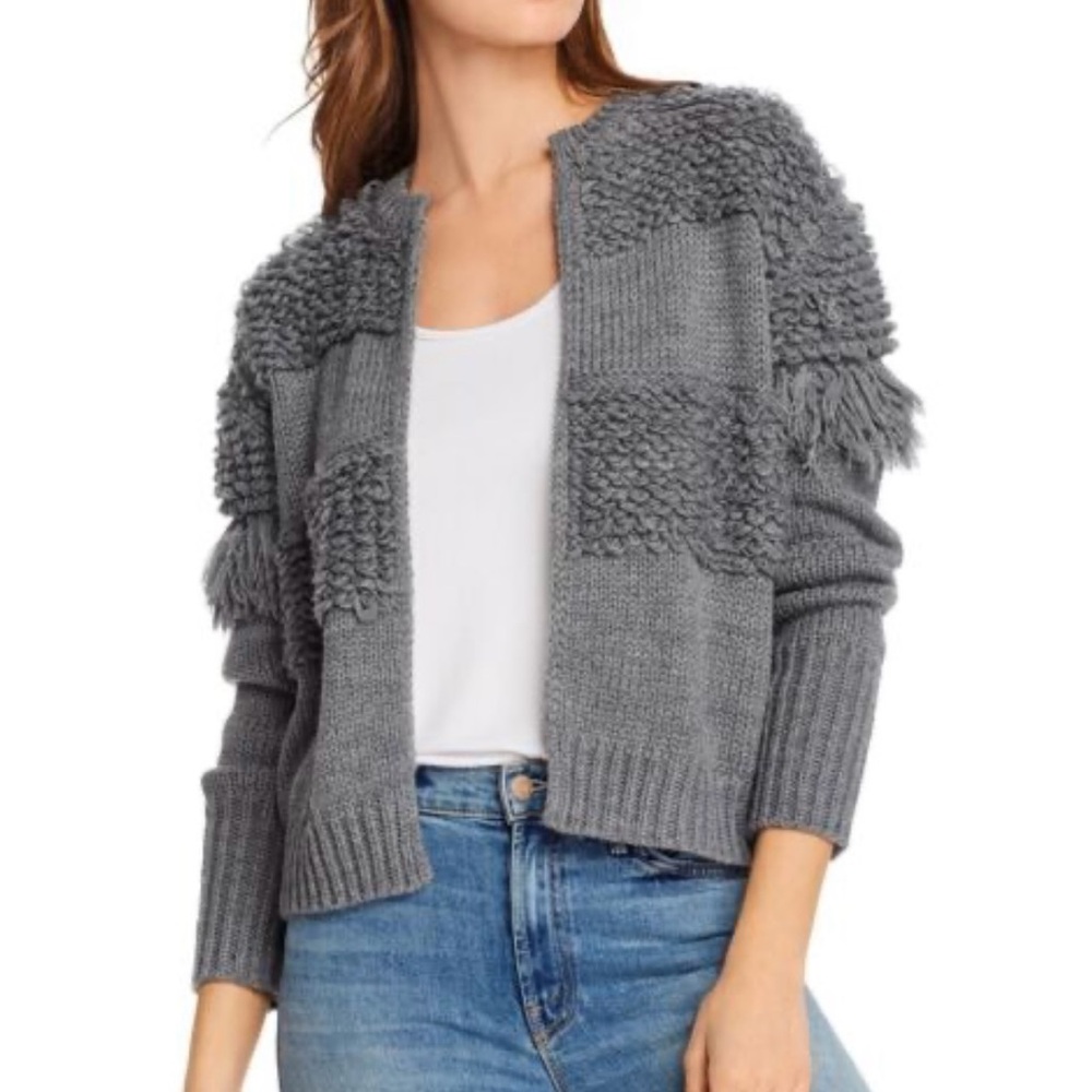 NWT Wool Chunky Knit Grey Cardigan with Fringe Sleeves